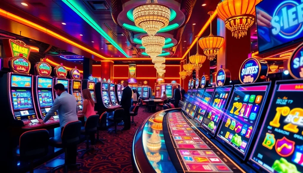Enticing gamblers at an onicplay slot machine on a glamorous casino floor.