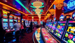 Enticing gamblers at an onicplay slot machine on a glamorous casino floor.