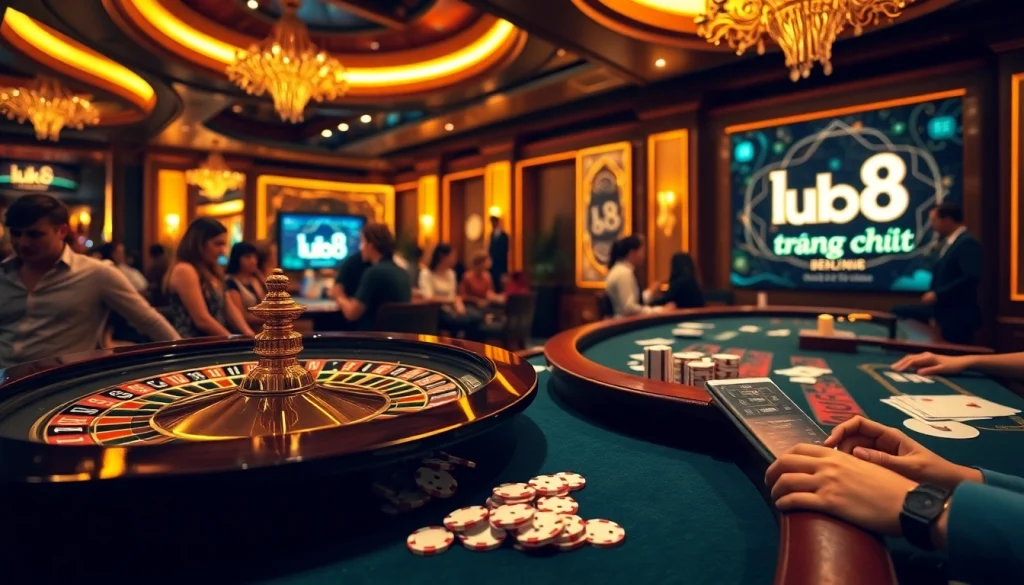 A thrilling gambling scene at luck8 trang chủ featuring roulette wheels and poker chips captivating players.