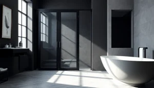Luxury black shower sliding door enhancing a modern bathroom aesthetic with sleek glass design.