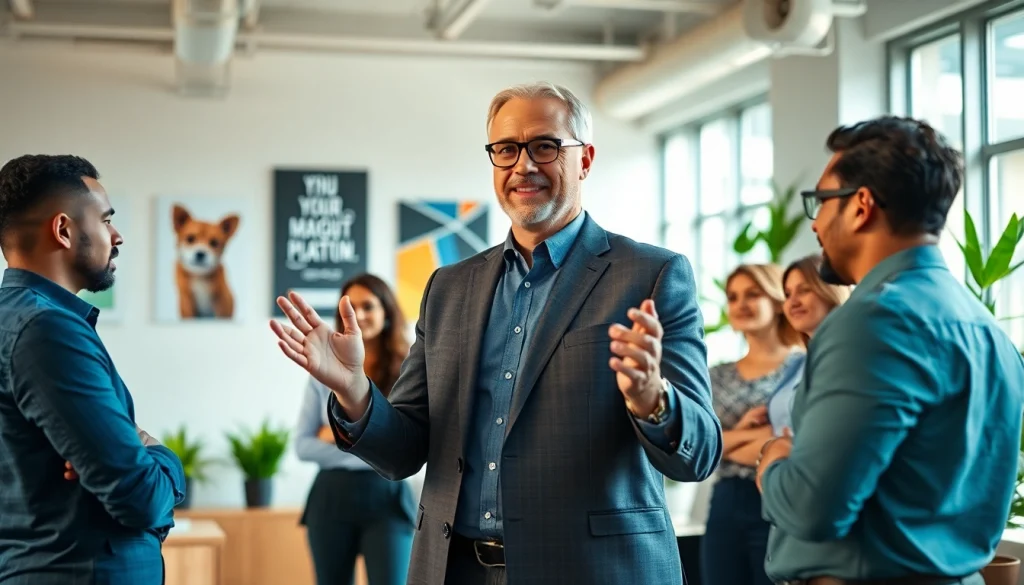 Engaged business coach near me guiding a diverse group in a modern office setting.