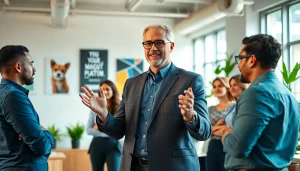 Engaged business coach near me guiding a diverse group in a modern office setting.