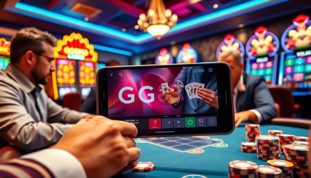 Engaging gaming scene at gg88 com featuring a poker table and vibrant slot machines.
