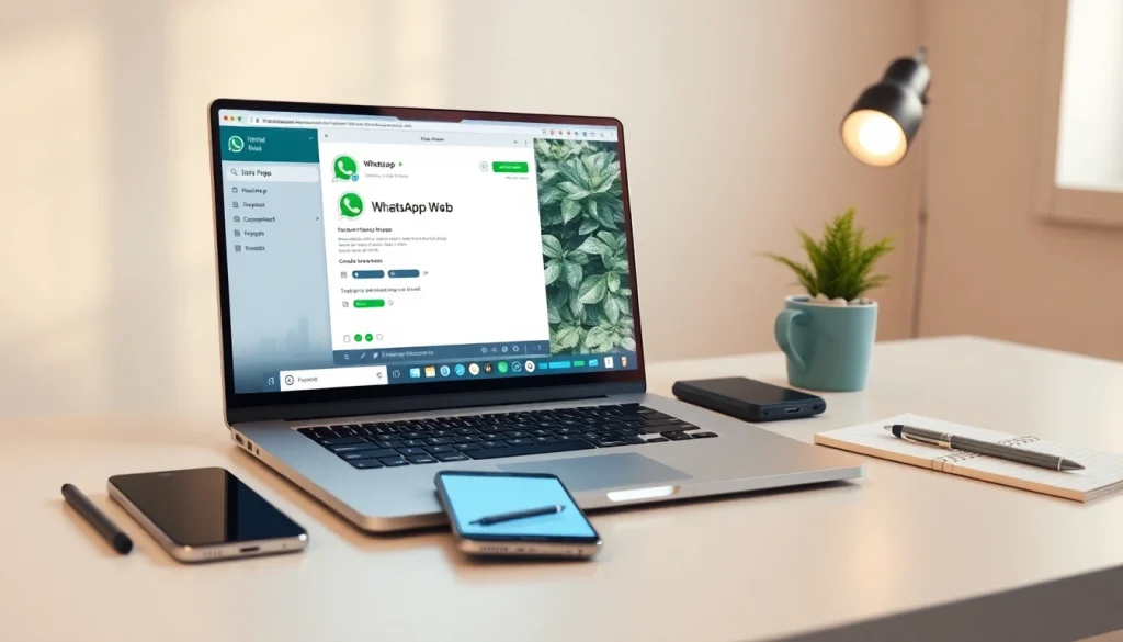 在笔记本电脑上显示 WhatsApp Web 的高效工作区，展示现代通信。