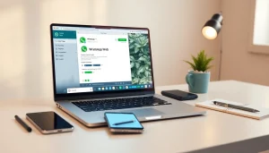 在笔记本电脑上显示 WhatsApp Web 的高效工作区，展示现代通信。