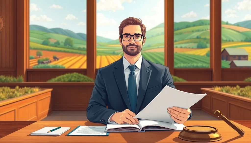 Agriculture lawyer presenting a case in a courtroom, emphasizing legal expertise in agriculture.