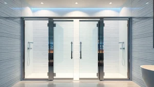 Elegant shower doors enhancing a modern bathroom with sleek design and polished metallic features.