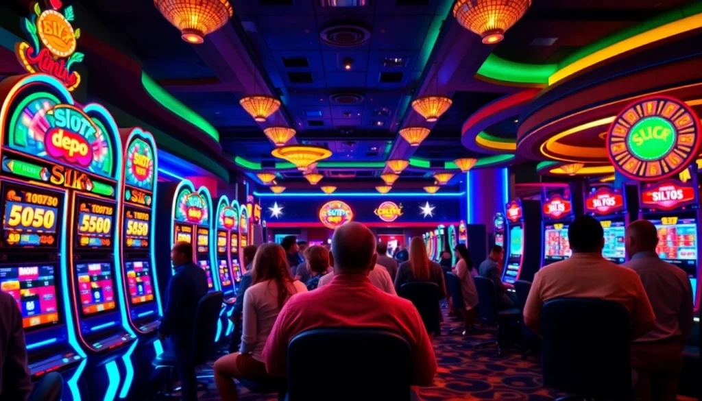 Engaging slot depo 5k gaming scene with colorful slot machines and excited players.