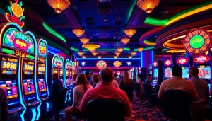 Engaging slot depo 5k gaming scene with colorful slot machines and excited players.