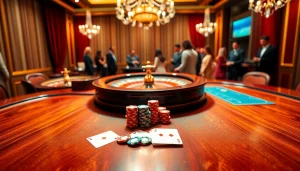 SODO CASINO scene showcasing an exciting poker game with vibrant chips and a spinning roulette wheel