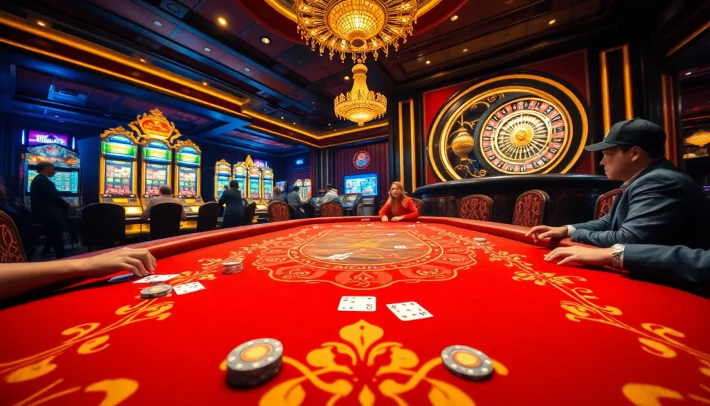 Players enjoying a poker game and vibrant slot machines at the rik vip casino, capturing luxury and excitement.