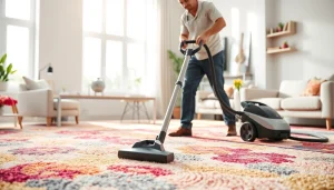 Carpet cleaners Roseville CA cleaning a bright, modern living room carpet.