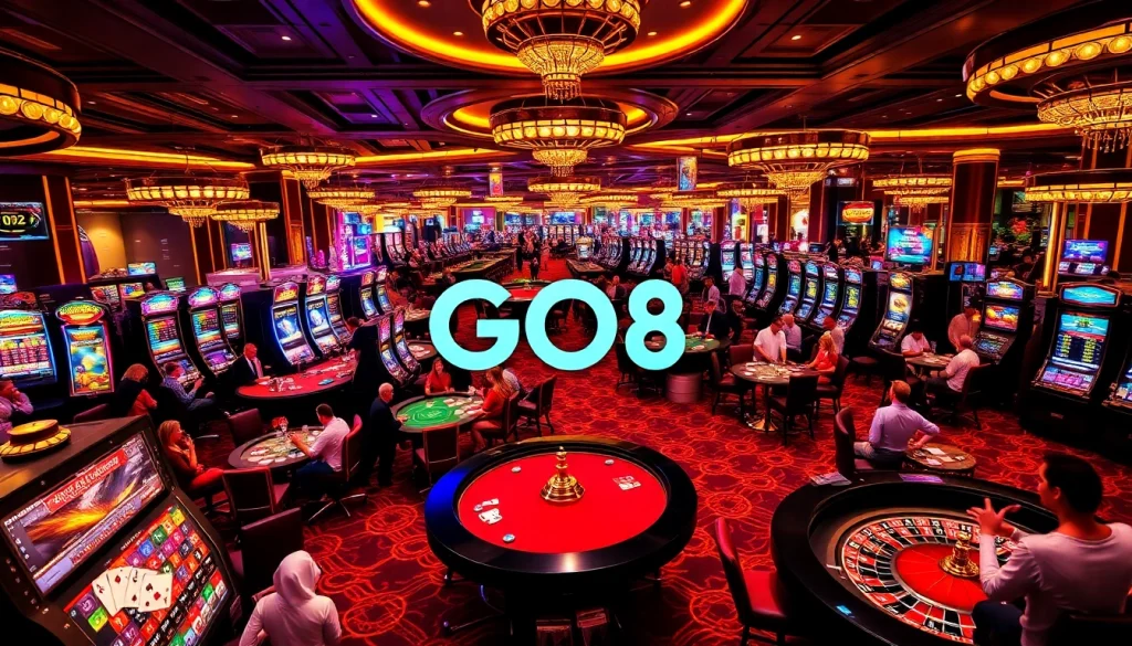 Exciting scene of players enjoying GO8 casino games with colorful lights and poker tables.