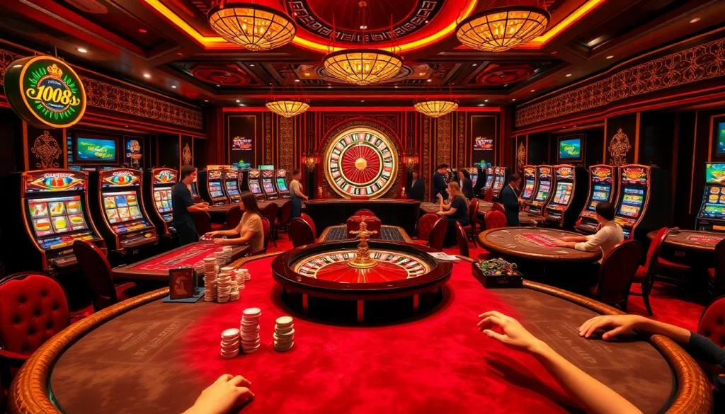 Exciting gaming action at xin88 com sòng bạc with vibrant casino tables and players engaged in poker.