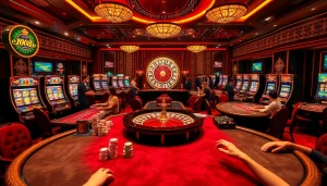 Exciting gaming action at xin88 com sòng bạc with vibrant casino tables and players engaged in poker.