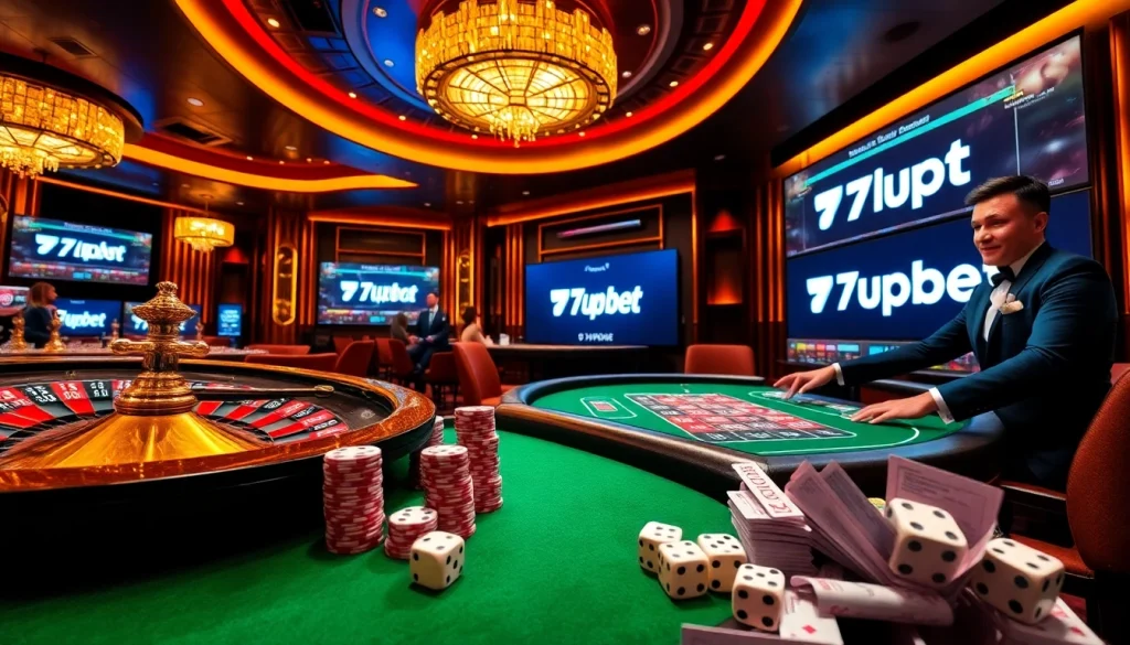 Experience thrilling gaming action at 7upbet with vibrant poker chips and a spinning roulette wheel.