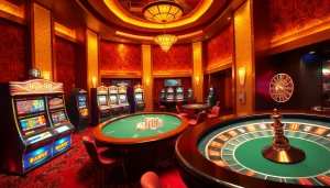 Experience the excitement of win98-themed casino games with vibrant slot machines and a lively poker table.