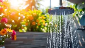 Experience a refreshing sunny shower surrounded by nature's beauty in an outdoor setting.