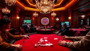 This vibrant casino scene showcases players enjoying high-stakes poker, embodying the luxury of https://hanoiculturetravel.com/ with poker chips and elegant decor.