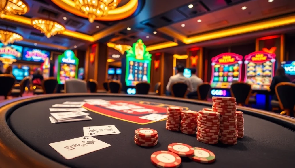 Experience excitement at GG88's luxurious casino gaming interface with vibrant slot machines and poker tables.