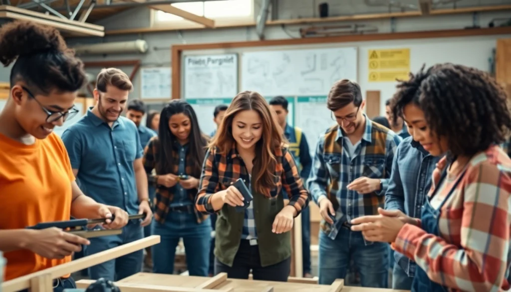 Engaged students participate in construction classes with tools in a vibrant workshop setting.