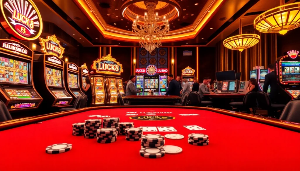 Cảnh casino đầy hứng khởi có sự tham gia của LUCK8 và LUCKY8, với các chip poker, bánh xe roulette và những máy đánh bạc đầy sống động.
