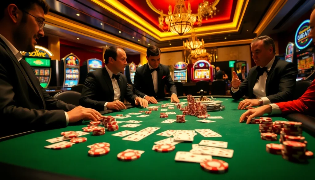 Experience רמי אונליין at this vibrant casino scene with luxurious poker, cards, and interactive gamblers.