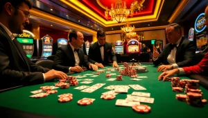 Experience רמי אונליין at this vibrant casino scene with luxurious poker, cards, and interactive gamblers.
