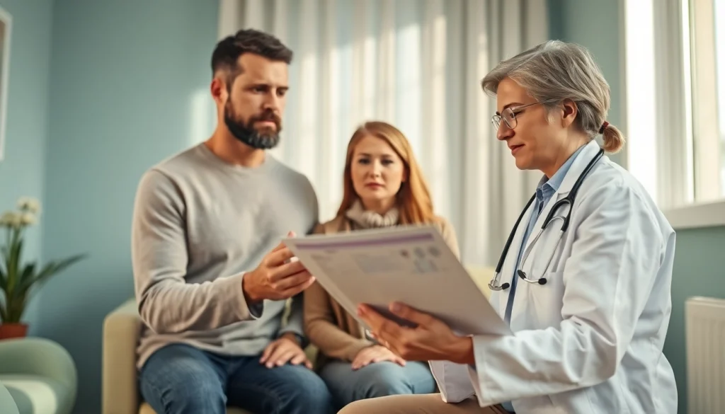 Eterologa significato: un medico spiega le opzioni di fertilità a una coppia in una clinica.