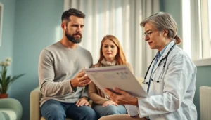 Eterologa significato: un medico spiega le opzioni di fertilità a una coppia in una clinica.