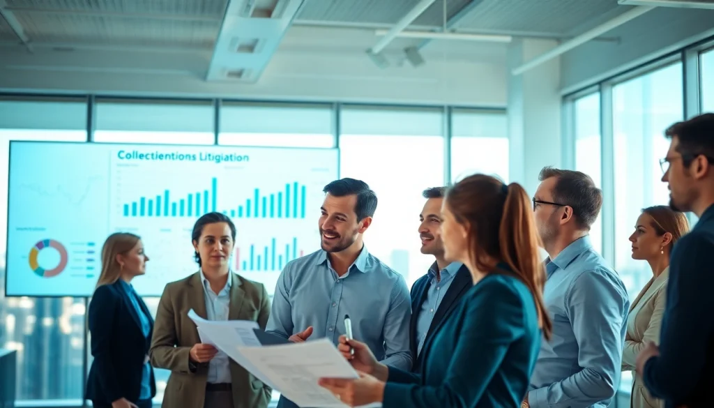 Engaged professionals discussing Collections Litigation Management metrics in a modern office.