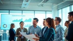 Engaged professionals discussing Collections Litigation Management metrics in a modern office.