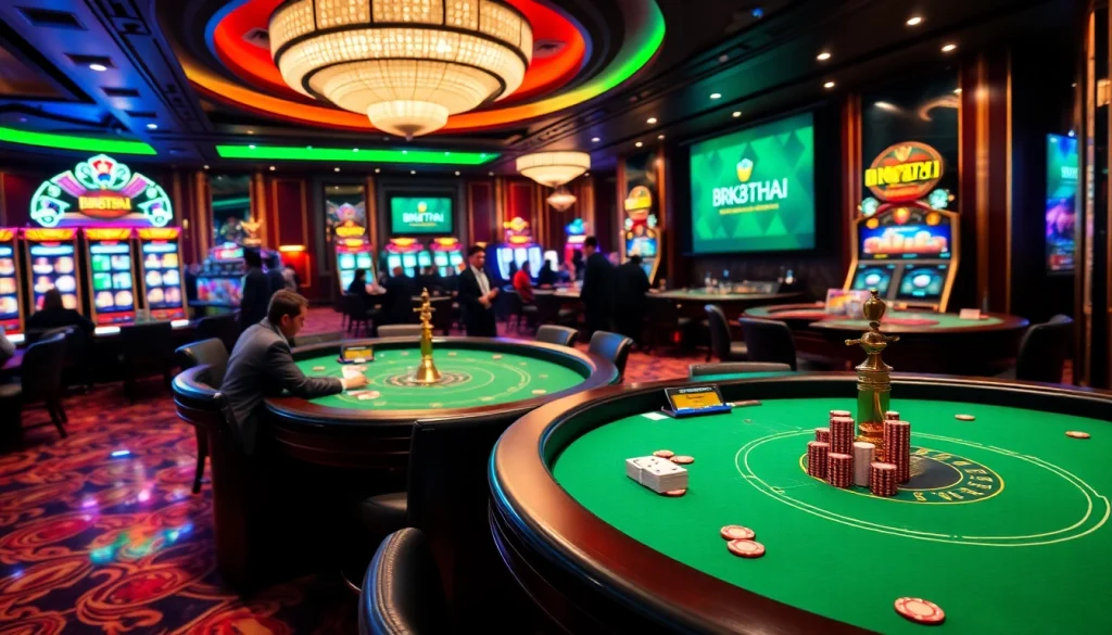 Excited gamblers engaging at the vibrant BK8THAI casino tables with colorful slot machines.