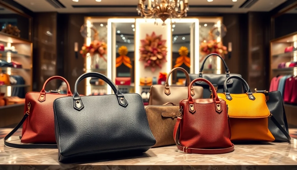 명품 이미테이션으로 제작된 고급스러운 가방을 진열한 부티크 내부 모습입니다.