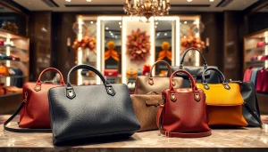 명품 이미테이션으로 제작된 고급스러운 가방을 진열한 부티크 내부 모습입니다.