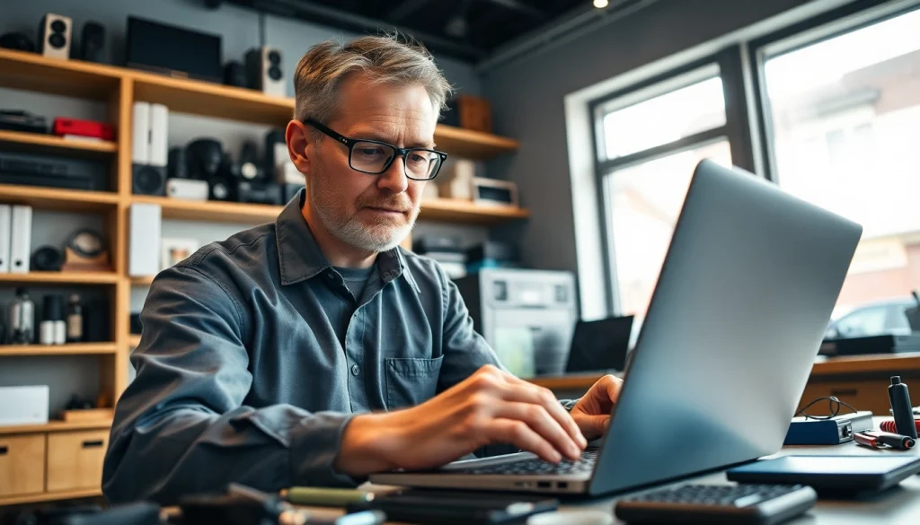 Expert computer service technician repairing a laptop in a contemporary tech shop.