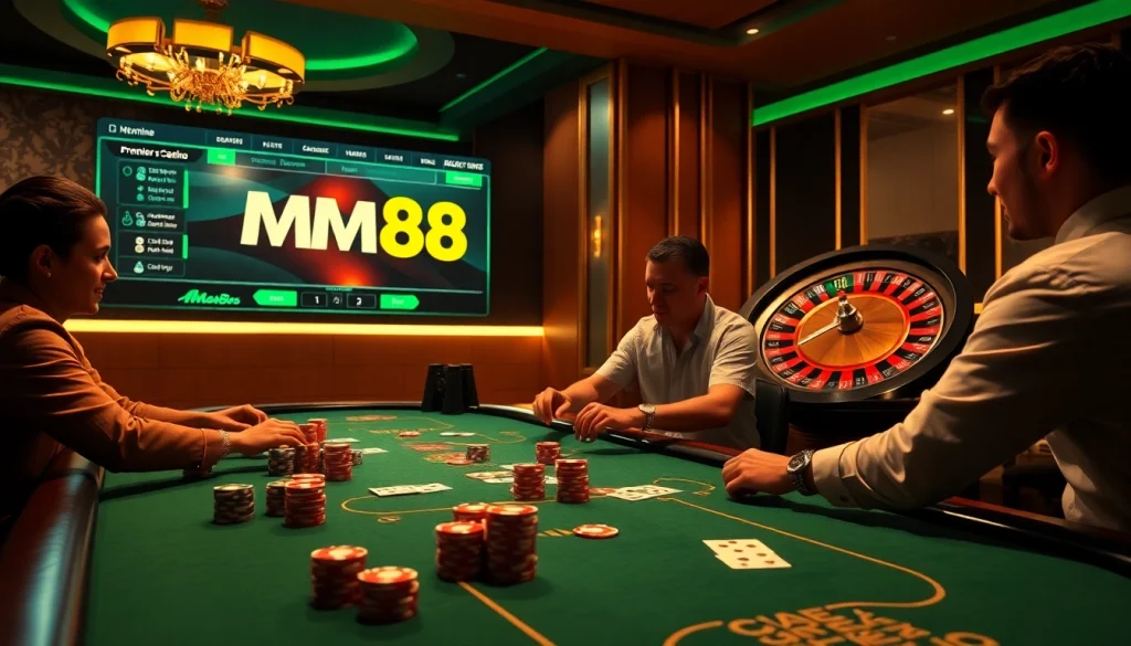 Engaging poker players at a luxurious casino table with mm88 com branding in the background.