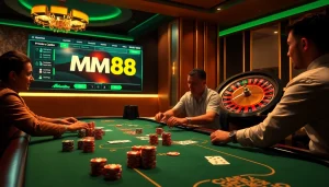 Engaging poker players at a luxurious casino table with mm88 com branding in the background.