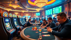 Action-packed casino scene featuring players at poker tables and sports betting screens related to 7upbet.