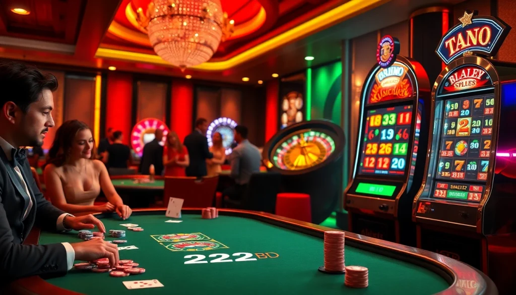 Experience the thrilling atmosphere of 222BD casino gaming with vibrant tables and exciting slot machines.