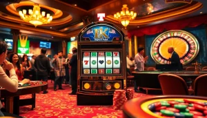 Para pemain yang antusias berinteraksi dengan mesin slot deposit pulsa di kasino mewah.