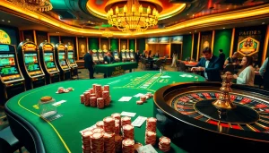 Engaging casino atmosphere with vibrant poker tables and slot machines showcasing https://shbet.law/ excitement.
