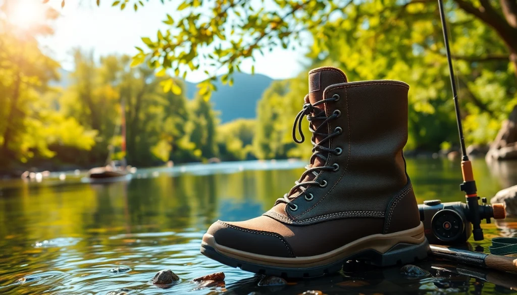 View of high-quality Fly fishing boots beside a river, showcasing durability and style.