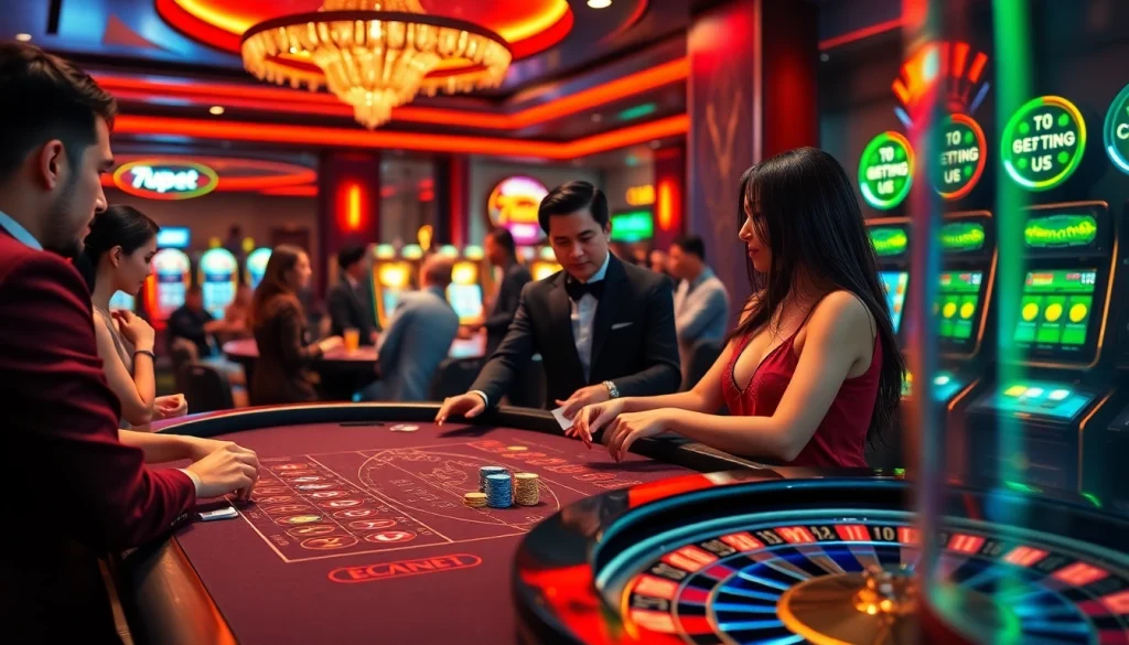 Engaging gamblers at the 7upbet luxurious poker table with casino elements highlighting excitement and professionalism.