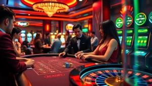 Engaging gamblers at the 7upbet luxurious poker table with casino elements highlighting excitement and professionalism.