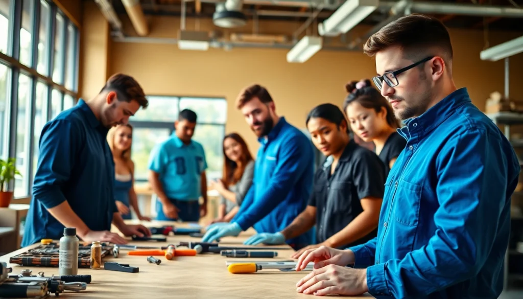 Students learning at trade schools in southern California, engaging with tools and each other.