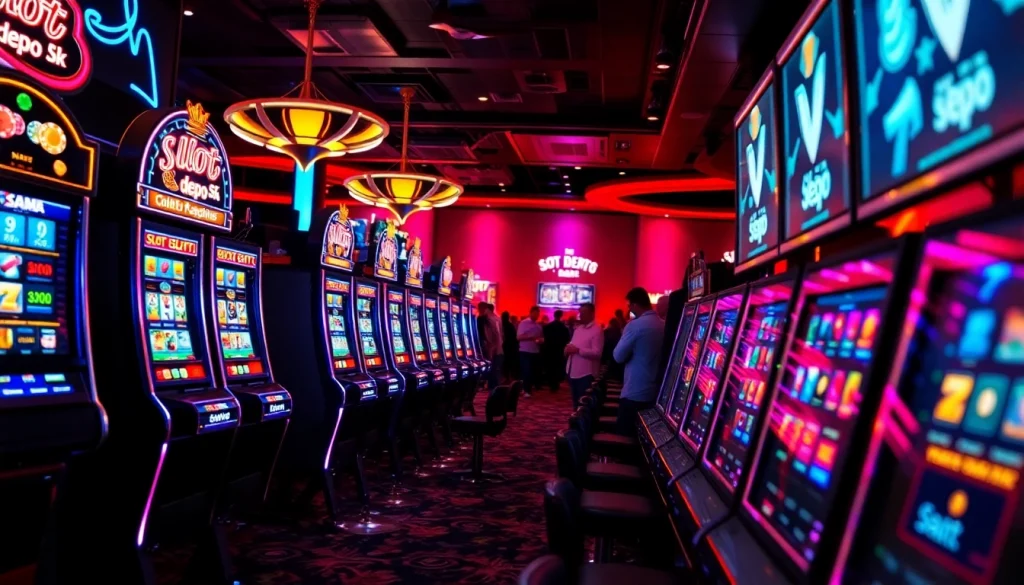 Berinteraksi dengan mesin slot Depo 5k di tengah suasana kasino yang hidup penuh kegembiraan.