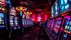 Berinteraksi dengan mesin slot Depo 5k di tengah suasana kasino yang hidup penuh kegembiraan.