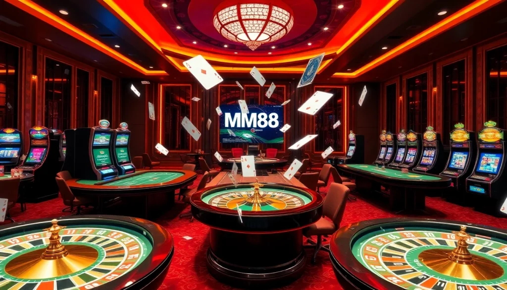 Exciting MM88 gaming experience featuring poker tables and vibrant casino ambiance.