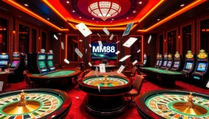 Exciting MM88 gaming experience featuring poker tables and vibrant casino ambiance.